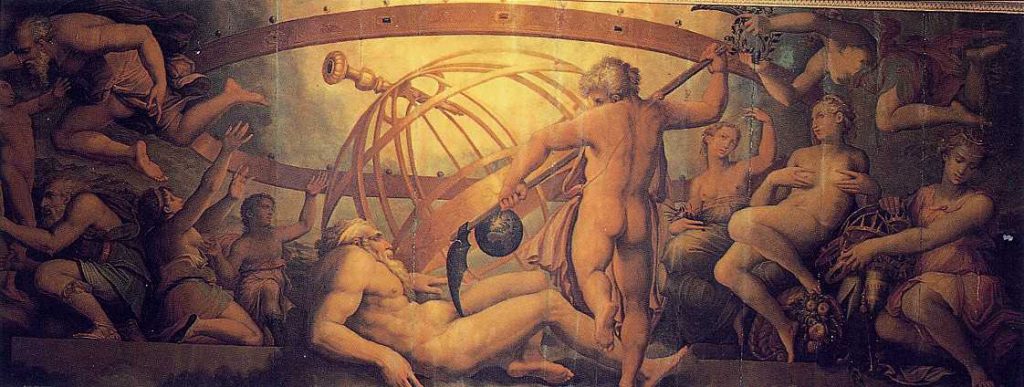 Cronus mutilating Uranus with a sickle