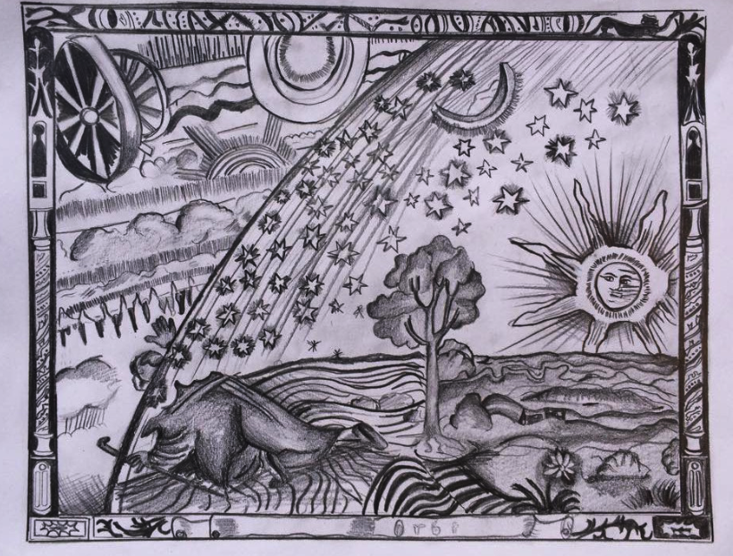 Historia drawing of a traveller lifting the starry boundary of the sky and looking into a space of wheels and clouds beyond.